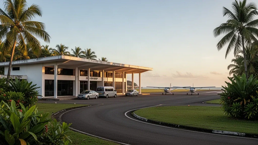 Piccolo terminal tropicale, piazzale e palme all'aeroporto di Zorg en Hoop a Paramaribo, Suriname, fotografati durante l'ora d'oro