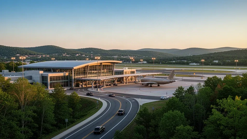 Moderne Terminalfassade aus Glas und Stahl am Worcester Regional Airport in Massachusetts mit Verkehrsflugzeug und Zufahrtsstraße zur goldenen Stunde.
