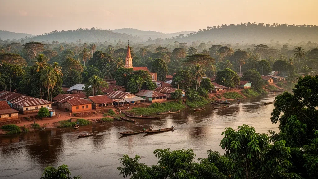 Ciudad de Bangassou en el río Mbomou en la República Centroafricana, con exuberante selva tropical, edificios junto al río y luz de la hora dorada.