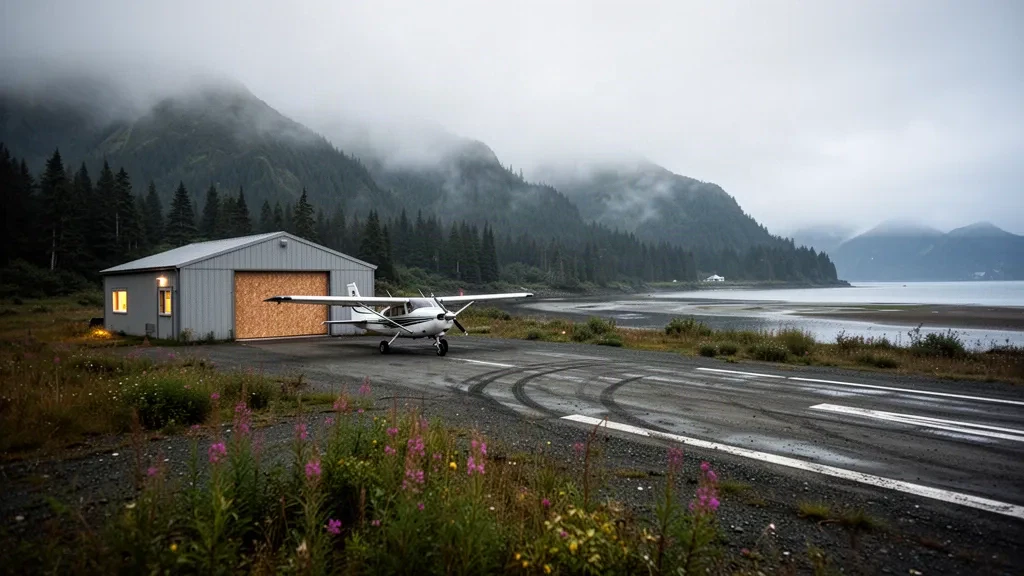 Pista de grava, hangar metálico y montañas brumosas de la Isla Kodiak en el Aeropuerto Port Lions, Alaska, bajo una suave luz costera nublada.
