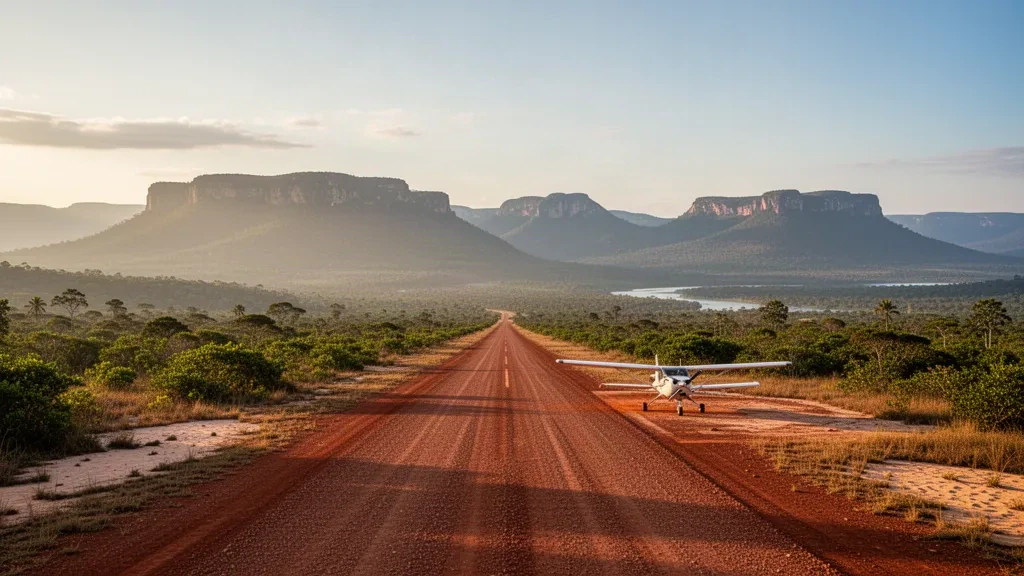 Abgelegene Landebahn des Flughafens Orinduik in der Savanne Guyanas mit einem kleinen Buschflugzeug und den fernen Pakaraima-Bergen zur goldenen Stunde
