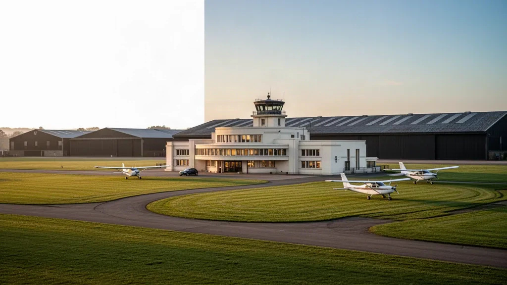 Art Deco terminal and hangars at Sywell Aerodrome in Northamptonshire, with light aircraft on the grass airfield at golden hour