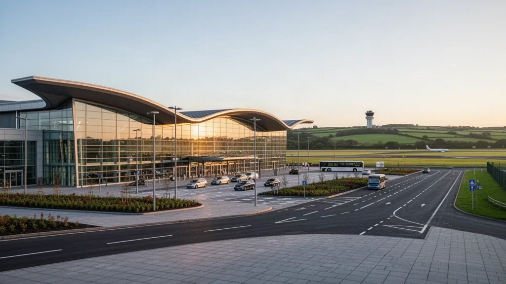 Terminal moderna de cristal y explanada del aeropuerto internacional de Cork en Irlanda, fotografiada a la hora dorada bajo amplios cielos abiertos