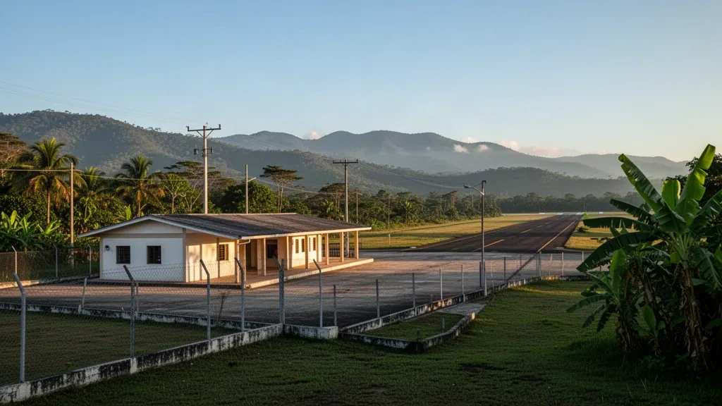 Kleines regionales Flughafenterminal und Start- und Landebahn in Yoro, Honduras, umrahmt von grünen tropischen Hügeln zur goldenen Stunde