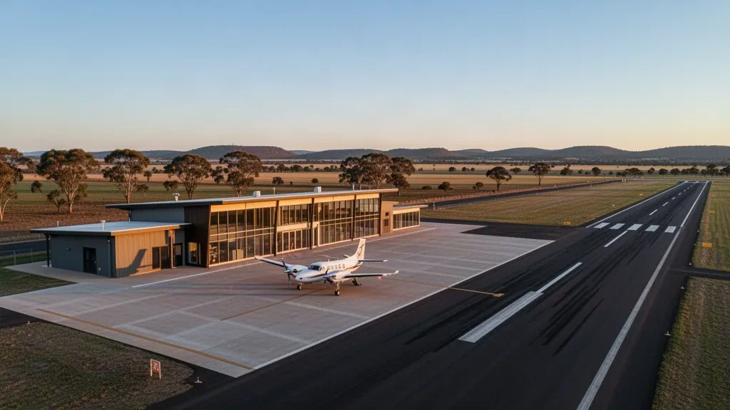 Petit terminal d'aéroport régional et piste à l'aéroport de Yorketown en Australie-Méridionale par une claire heure dorée.