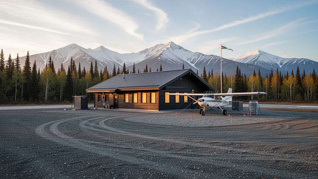 Abgelegene Schotterpiste und kleines Holzterminal am Northway Airport in Alaska, umrahmt von borealem Wald und schneebestäubten Bergen zur goldenen Stunde.