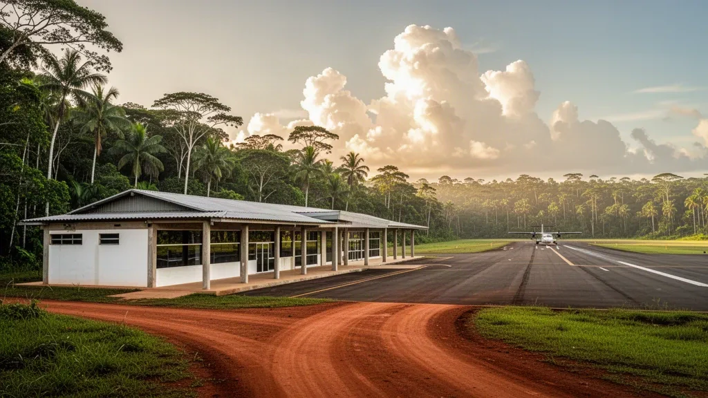 Small regional airport terminal in the Brazilian Amazon near Oriximiná, Pará, framed by rainforest and a tropical late-afternoon sky