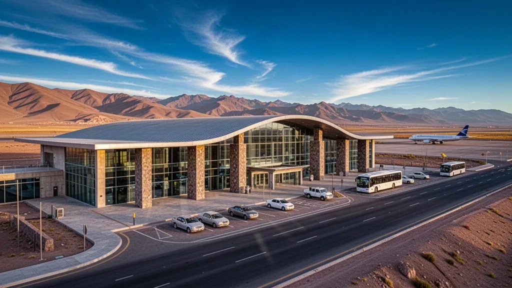 Modernes Terminalgebäude am internationalen Flughafen Juan Mendoza in Oruro, Bolivien, mit den Anden und klarem Himmel in großer Höhe.