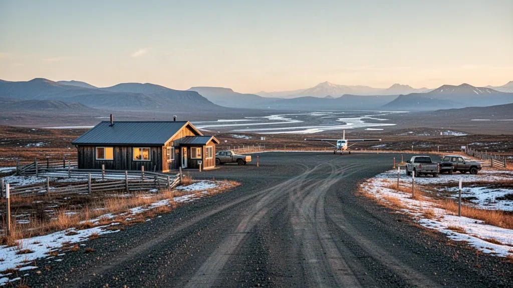 Gravel runway and small terminal building at Noorvik airport in arctic Alaska under soft golden evening light