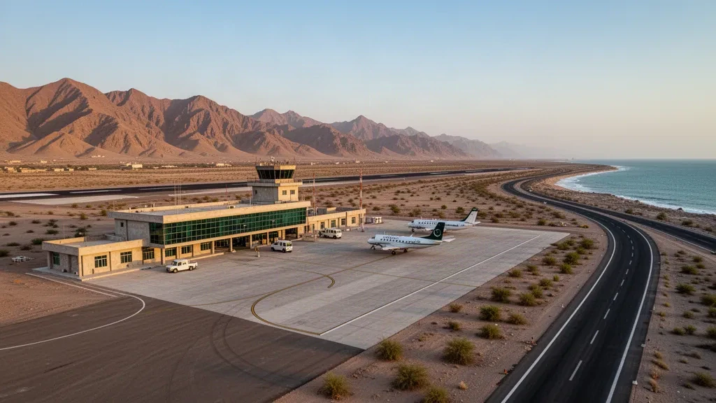 Vue panoramique de l'aéroport d'Ormara au Baloutchistan, au Pakistan, montrant sa piste côtière, son petit terminal et des montagnes arides à l'heure dorée.