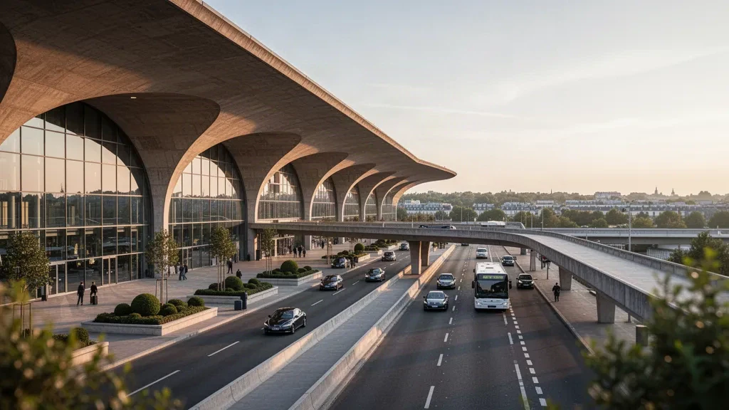 Extérieur du terminal de l'aéroport Paris-Orly avec verre courbé et béton, voies de dépose et taxis dans une lumière dorée