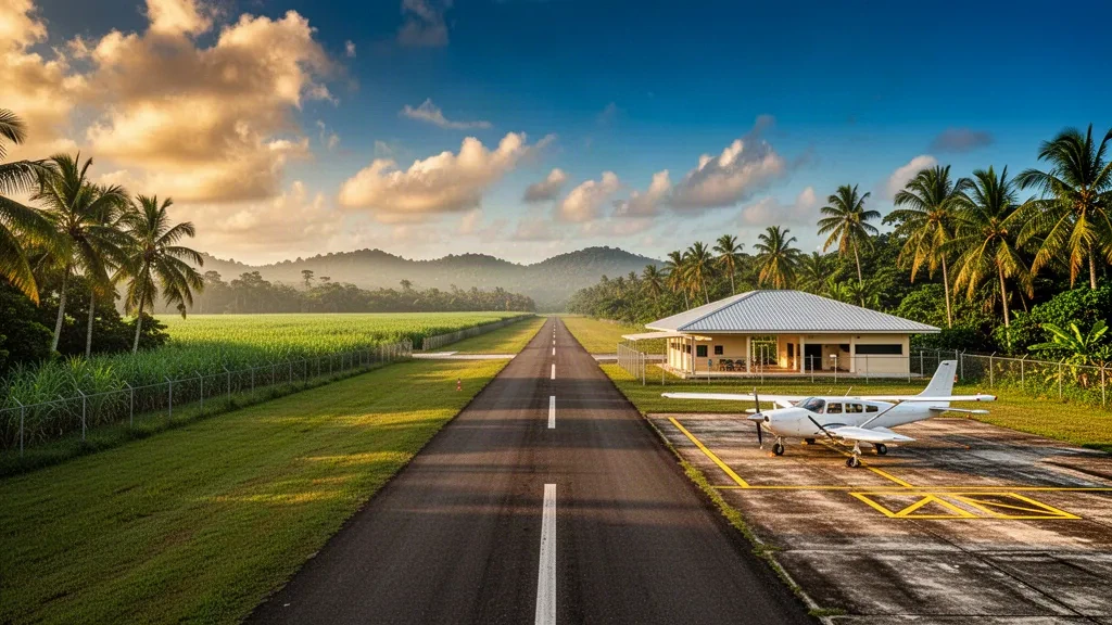 Kleine tropische Landepiste bei Orange Walk, Belize, mit einem Leichtflugzeug auf der Startbahn und Palmen zur goldene Stunde