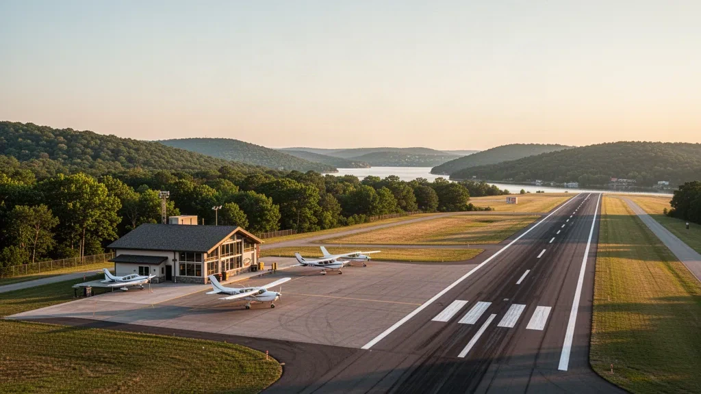 Malerische Ansicht der Start- und Landebahn des Grand Glaize Osage Beach Airport mit kleinem Terminalgebäude und umliegenden Hügeln bei Sonnenuntergang.