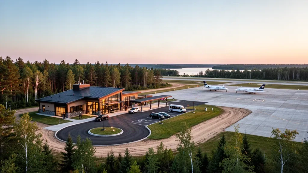 Terminal moderno e pista ampia all'Aeroporto di Oscoda-Wurtsmith nel Michigan settentrionale, circondati da una foresta di pini durante l'ora dorata