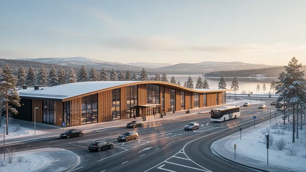 Extérieur moderne en verre et bois du terminal de l'aéroport d'Åre Östersund en Suède, à l'heure dorée, avec une forêt de pins saupoudrée de neige et un ciel dégagé.