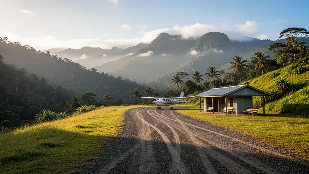 Small tropical airstrip at Omora Airport in Papua New Guinea, with forested highland ridges and a light aircraft on the runway