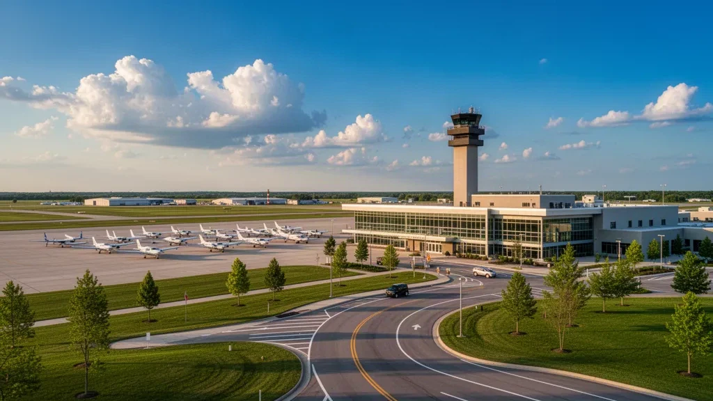Wittman Regional Airport in Oshkosh, Wisconsin, mit seinem Kontrollturm, Terminal und Reihen von Leichtflugzeugen auf dem Vorfeld an einem sonnigen Sommertag.