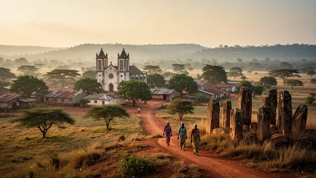 Vue à l'heure dorée sur Bouar, capitale de la Nana-Mambéré en République centrafricaine, avec des collines de savane, des chemins de terre rouge et des affleurements de granite