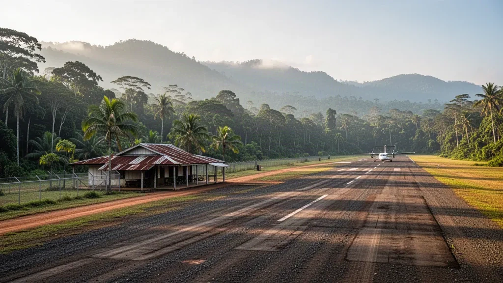Petite piste d'atterrissage tropicale à l'aéroport d'Ossima en Papouasie-Nouvelle-Guinée, encadrée par des crêtes de forêt tropicale et un modeste terminal sous une douce lumière matinale