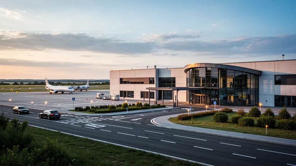 Terminal moderne en verre de faible hauteur et aire de stationnement à l'aéroport d'Osijek en Croatie à l'heure dorée, avec route d'accès et ciel dégagé.