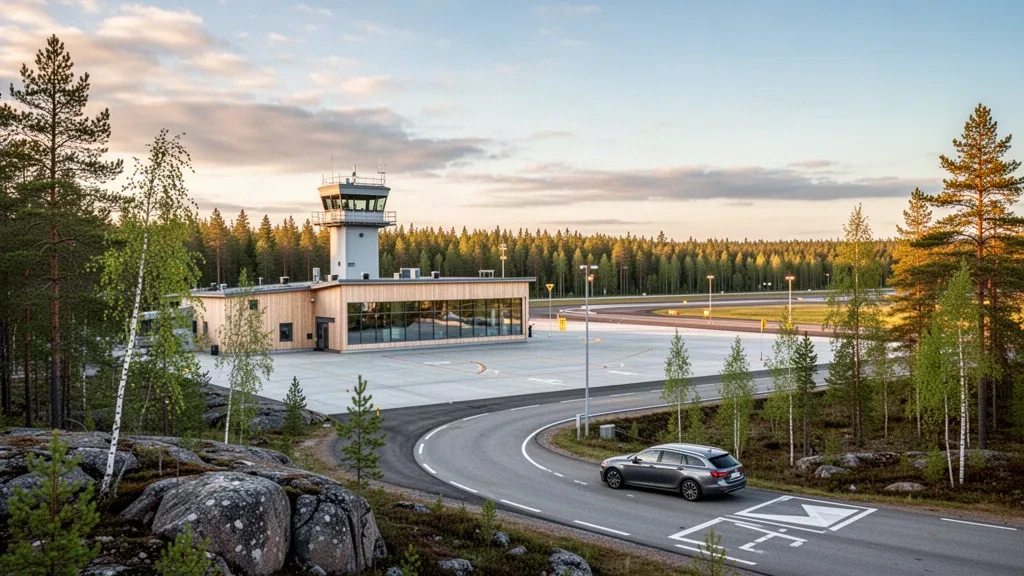 Small regional airport terminal and quiet apron at Oskarshamn Airport in Sweden, framed by Nordic pine forest in golden light