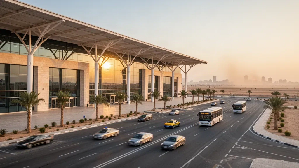 Extérieur moderne d'un terminal en verre et voie d'accès à l'aéroport international de Mossoul, capturés dans une lumière chaude d'heure dorée.