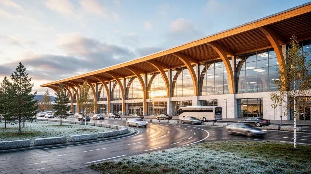 Esterno moderno del terminal in vetro e legno all'aeroporto di Oslo-Gardermoen in Norvegia durante l'ora d'oro, con corsie di sosta silenziose
