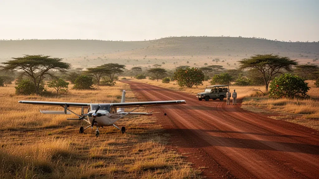 Kenya'nın Masai Mara bölgesindeki Ol Seki Naboisho Havaalanı'nda altın saatlerde tozlu pistte küçük safari uçağı
