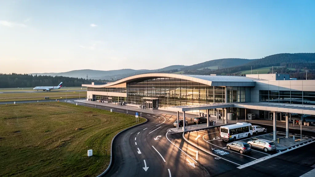 Modern glass terminal exterior at Leoš Janáček Airport Ostrava in Mošnov, Czech Republic, with drop-off lanes at golden hour