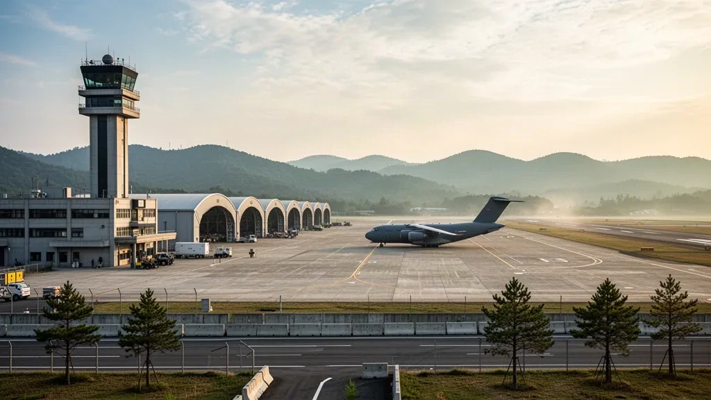 Wide view of the airfield at Osan Air Base in Pyeongtaek, South Korea, with a control tower, hangars and a parked cargo aircraft at dawn