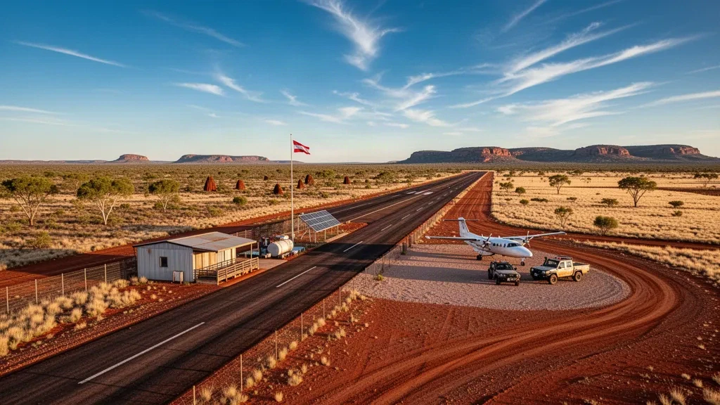 Piste et aire de trafic isolées de l'Outback à l'aéroport d'Osborne Mine dans le Queensland, entourées de terre rouge, de plaines de spinifex et de reliefs bas dans une lumière dorée