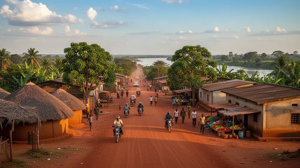 Golden hour view of Bossangoa town in Ouham Prefecture, Central African Republic, with red dirt roads, traditional huts, and local market activity.