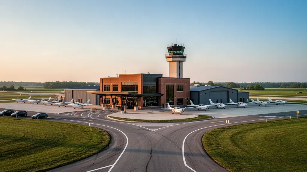 Modern brick terminal and control tower at The Ohio State University Airport in Columbus, Ohio, with light aircraft on the apron at golden hour
