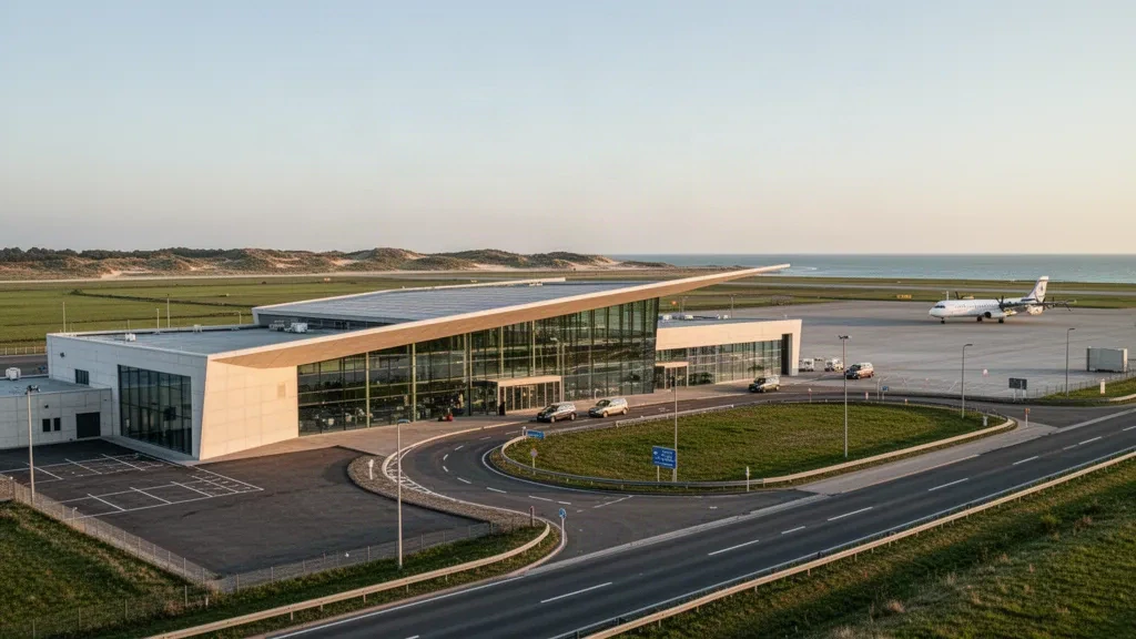 Belçika'daki Ostend-Bruges Uluslararası Havalimanı'nda kıyıya vuran altın ışığı altında cam terminal cephesi, yolcu indirme şeridi ve park halindeki uçak.
