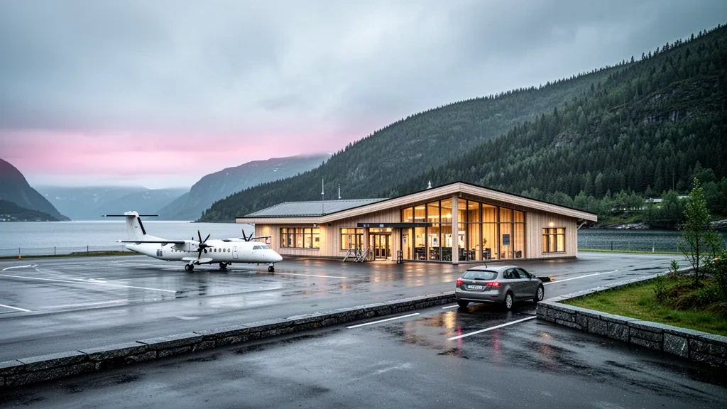 Moderno terminal in vetro presso l'aeroporto di Namsos nel Trøndelag, Norvegia, con colline boscose e fiordo oltre il piazzale al crepuscolo