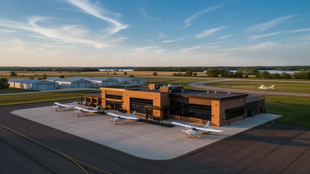 Geniş altın saatli Minnesota bozkır gökyüzü altında Worthington Municipal Havaalanı'ndaki küçük genel havacılık terminali, hangarlar ve park halindeki uçaklar