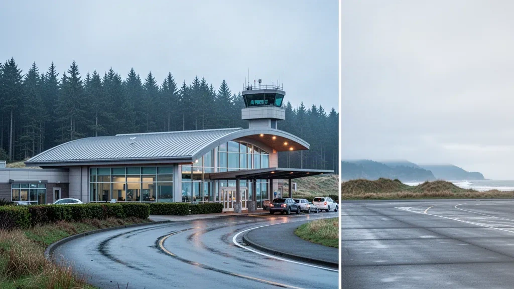 Terminal moderna de vidrio y carril de descenso en el Aeropuerto Regional del Suroeste de Oregón en North Bend, Oregón, bajo una suave luz costera.