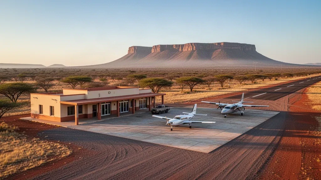 Kleines regionales Terminalgebäude, abgestellte Leichtflugzeuge und staubige Start- und Landebahn am Flughafen Otjiwarongo im Buschveld Namibias zur goldenen Stunde