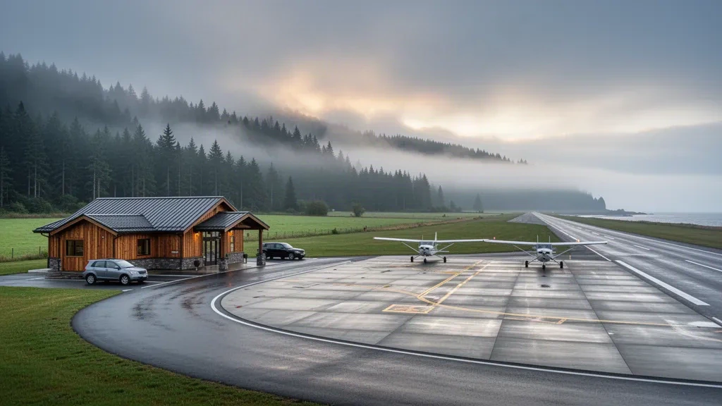 Kleines Terminal und Vorfeld eines Küstenflugplatzes in Oregon am Flughafen Tillamook mit grünen Hügeln und Morgennebel