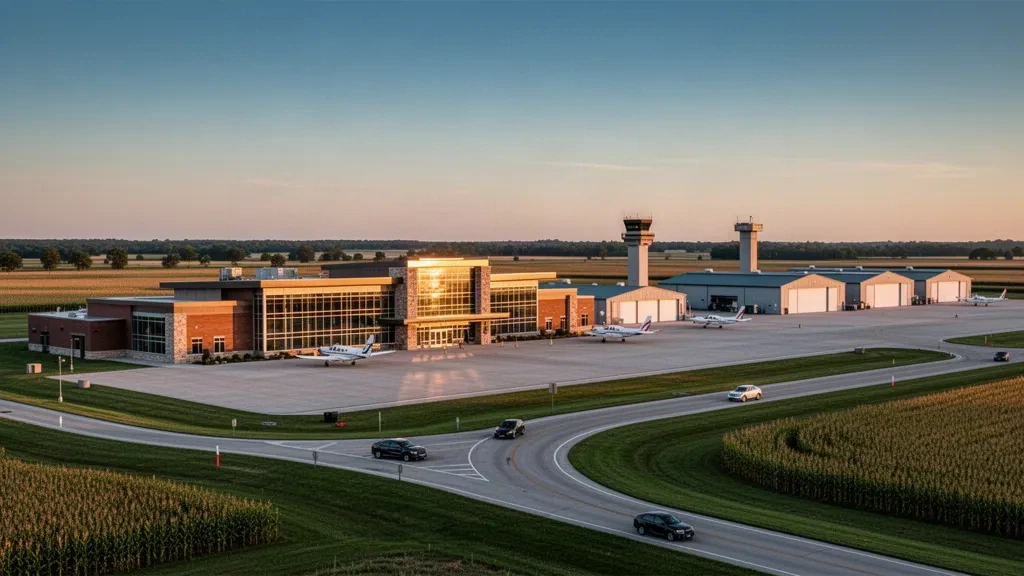 Terminal vitré de faible hauteur et aire de stationnement à l'aéroport d'Ottumwa Regional dans l'Iowa à l'heure dorée, avec des avions légers stationnés et des terres agricoles au-delà
