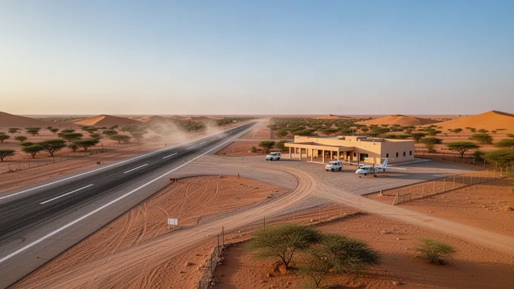 Pequeña terminal de aeródromo desértico y pista en Boutilimit, Mauritania, bajo un cielo sahariano despejado a la hora dorada