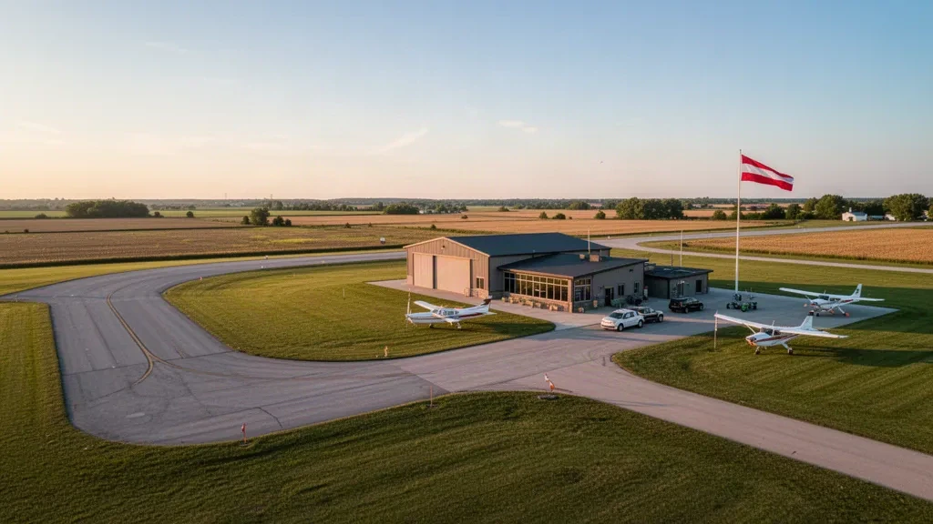 Ed-Air Airport in Oaktown, Indiana with a rural runway, hangars, and single-engine aircraft at golden hour.