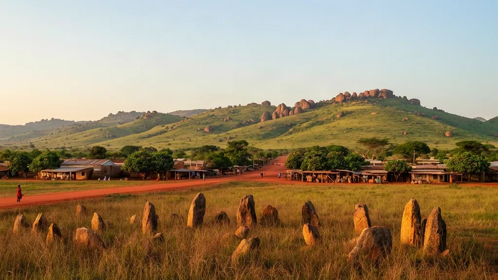 Goldene-Stunde-Ansicht von Bouar in Ouham-Pendé, Zentralafrikanische Republik, mit uralten Megalithen, roten Schotterstraßen und Savannenhügeln.