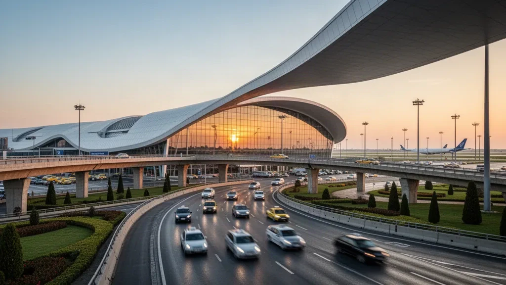 Außenansicht eines modernen Glasterminals und Bringspuren am Internationalen Flughafen Bukarest Henri Coandă zur goldenen Stunde