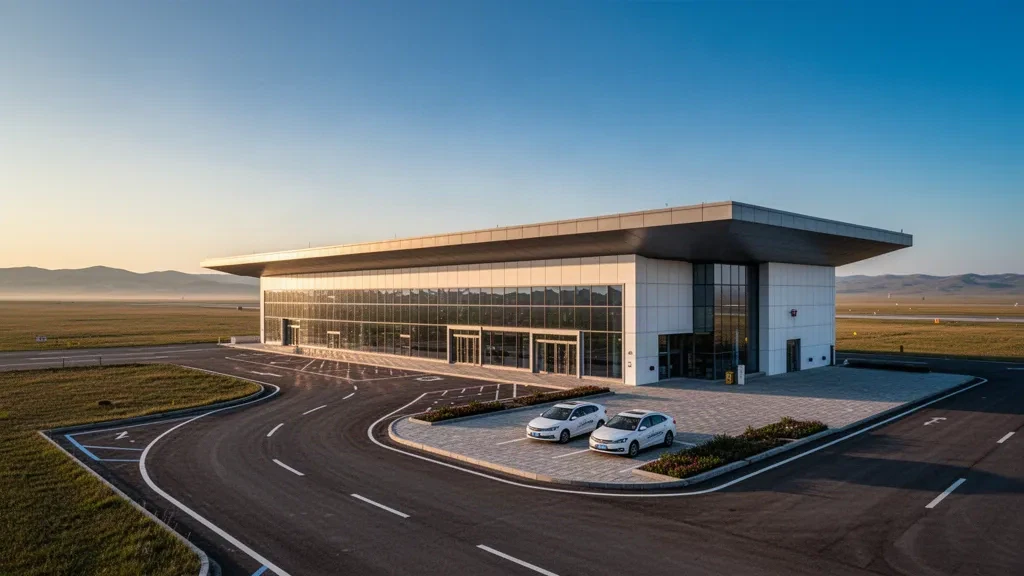 Terminal moderno e basso con corsia di sosta curva all'Aeroporto di Otog Front Banner Oljoq nella steppa della Mongolia Interna durante l'ora d'oro