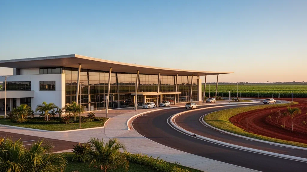 Modern glass terminal and curved drop-off lanes at Andre Maggi Airport near Sapezal, Mato Grosso, in warm golden-hour light