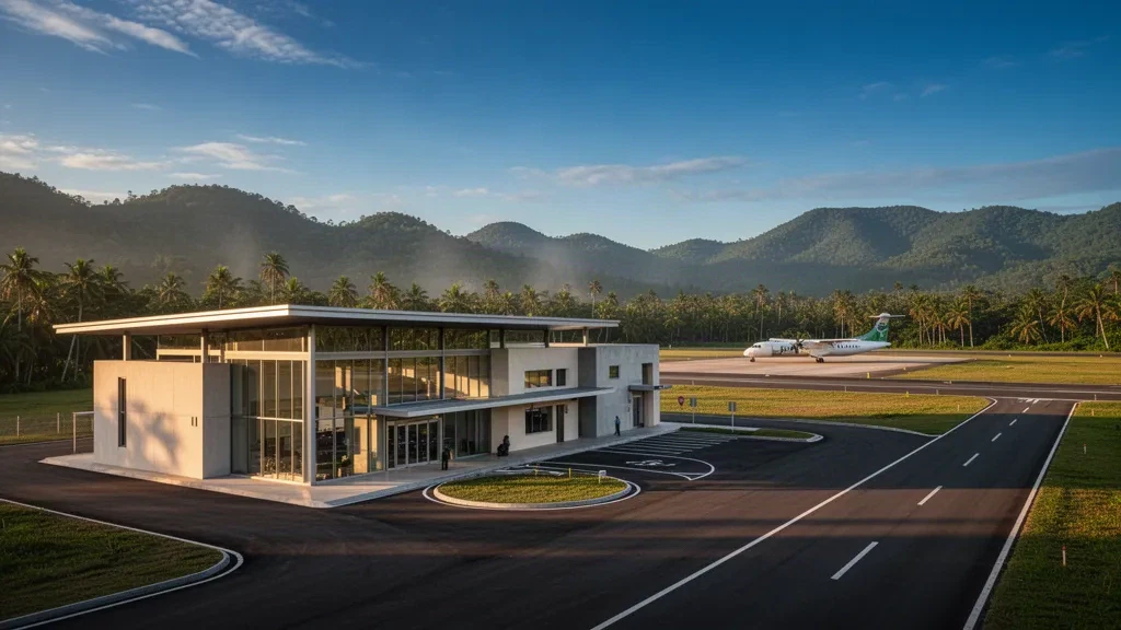 Regional airport terminal exterior at Otu Airport with tropical hills, access road and a turboprop aircraft in warm afternoon light