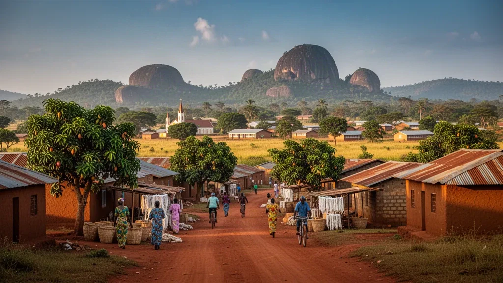 Paesaggio urbano di savana illuminato dal sole a Bozoum, in Ouham-Pendé, Repubblica Centrafricana, con colline di granito e alberi di mango