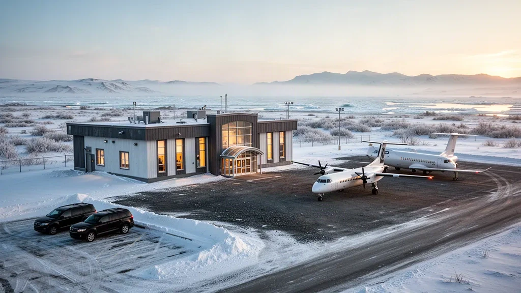 Terminal und schneebedecktes Vorfeld des Ralph Wien Memorial Airport in Kotzebue, Alaska, bei weichem arktischem Nachmittagslicht
