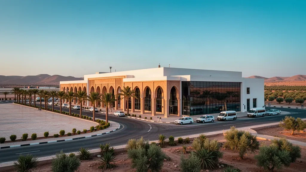 Modern arched terminal exterior of Oujda Angads Airport in Morocco at golden hour with palm-lined access road